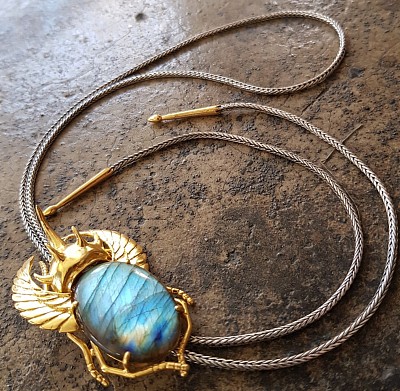 24k gold beetle bolo tie with labradorite gemstone