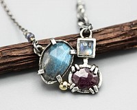 silver necklace with labradorite red ruby and moonstone gems